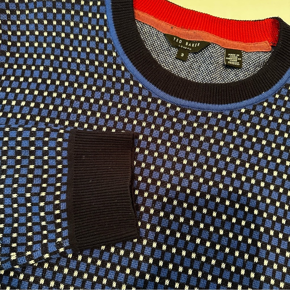 Ted Baker Checks Crewneck Sweater Men's‎ Medium Blue Black Cotton Blend Luxury